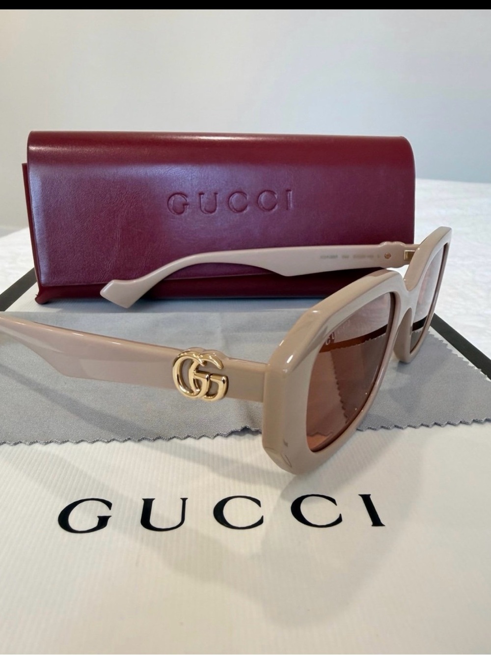 Gucci Beige Square-Frame Sunglasses with Gold GG Emblem